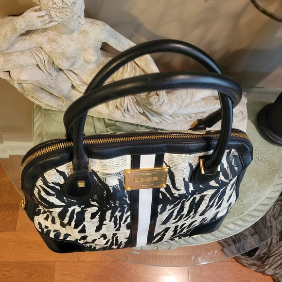 L.A.M.B. by Gwen Stefani Kingston Newspaper Print Zebra Print Bowler Bag #118 - Picture 7 of 15
